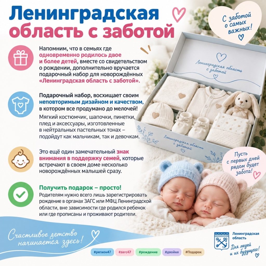 Ленинградская область дарит подарочные наборы родителям при рождении двоих и более детей