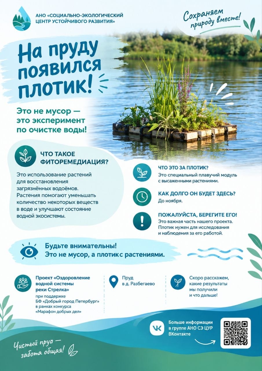 В Разбегаево установили плавучие клумбы для естественной очистки местного пруда